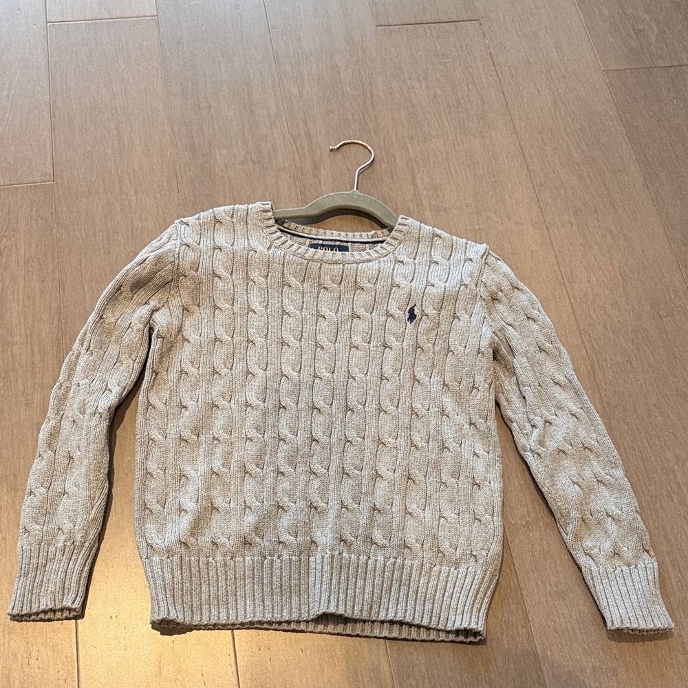 Ralph Lauren Gray Cable Knit Sweater with Navy Logo Size 7